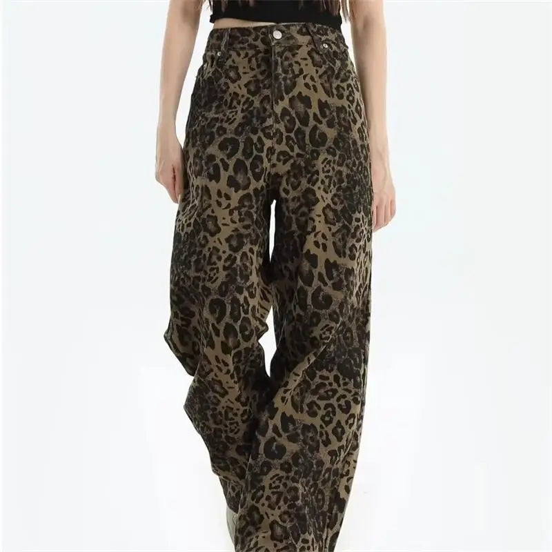 Women's leopard print jeans autumn and winter fashionable versatile loose retro casual pants straight leg wide leg pants