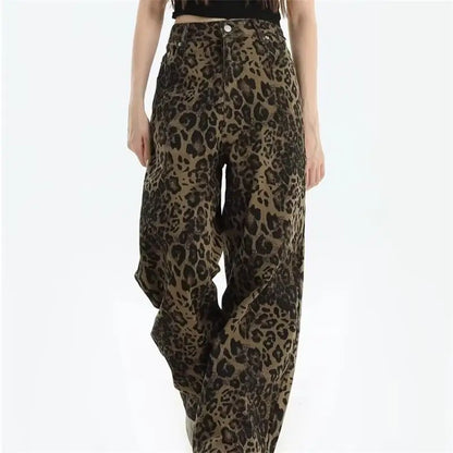 Women's leopard print jeans autumn and winter fashionable versatile loose retro casual pants straight leg wide leg pants