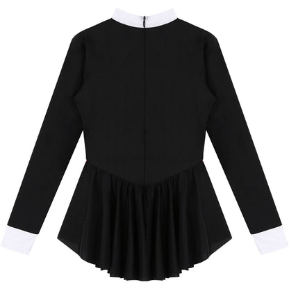 Women Waitress Cosplay Costume Dancewear Long Sleeve Ballroom Latin Dance Dress Bowknot Ruffle Tuxedo Leotard Dresses Clubwear