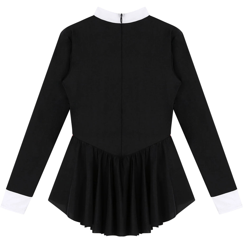 Women Waitress Cosplay Costume Dancewear Long Sleeve Ballroom Latin Dance Dress Bowknot Ruffle Tuxedo Leotard Dresses Clubwear