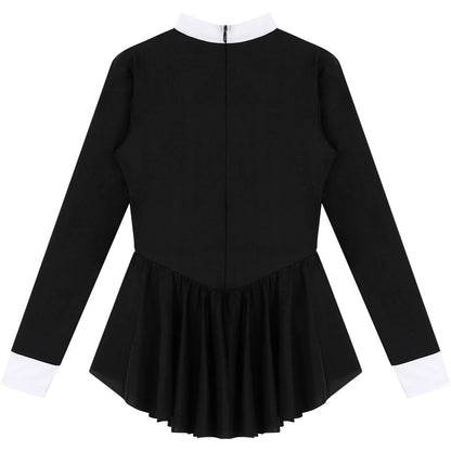 Women Waitress Cosplay Costume Dancewear Long Sleeve Ballroom Latin Dance Dress Bowknot Ruffle Tuxedo Leotard Dresses Clubwear