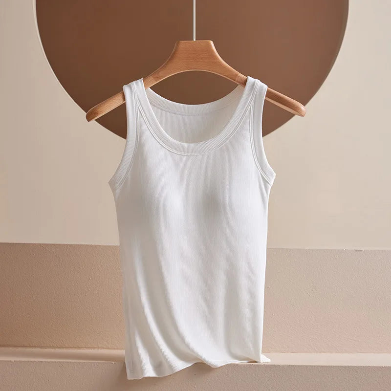 Women's Vest Tops With Built In Bra Neck Vest Padded Slim Fit Tank Tops Sexy Shirts Feminino Casual Underlay Shirt Slimming