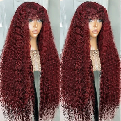 Curly Wig with Bangs Human Hair 99J Burgundy Water Wave Color Wigs Red wig with Bangs Colored 100% Brazilian Human Hair