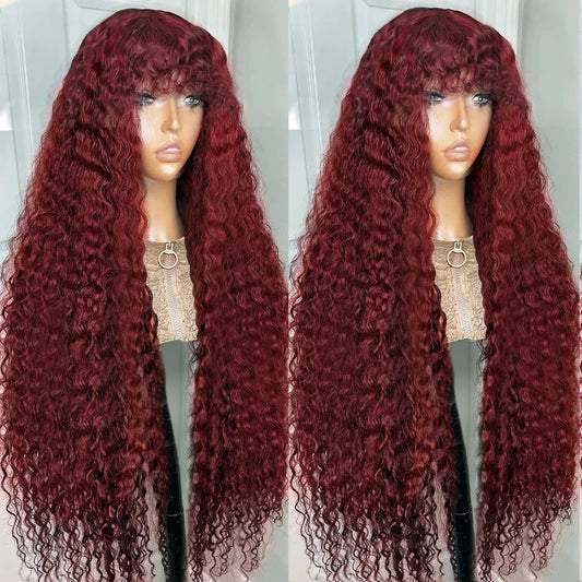 Curly Wig with Bangs Human Hair 99J Burgundy Water Wave Color Wigs Red wig with Bangs Colored 100% Brazilian Human Hair