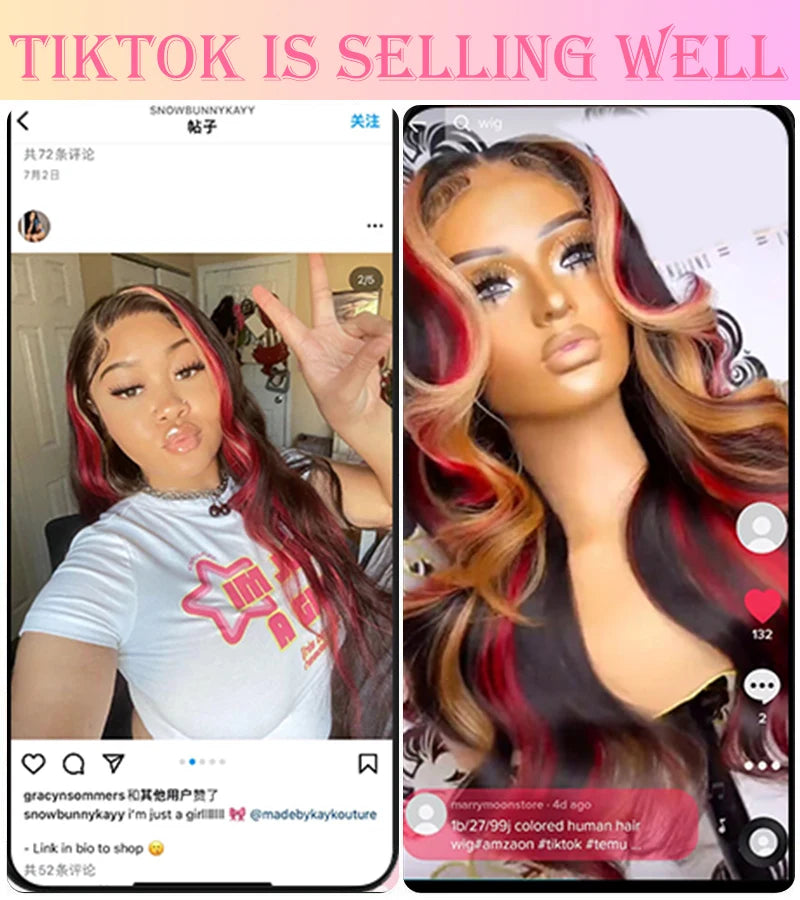 Highlight 5x5 Glueless Wigs Human Hair Pre Plucked Pre Cut Black Hair With Red blonde highlight Body Wave Wigs Human Hair 200%