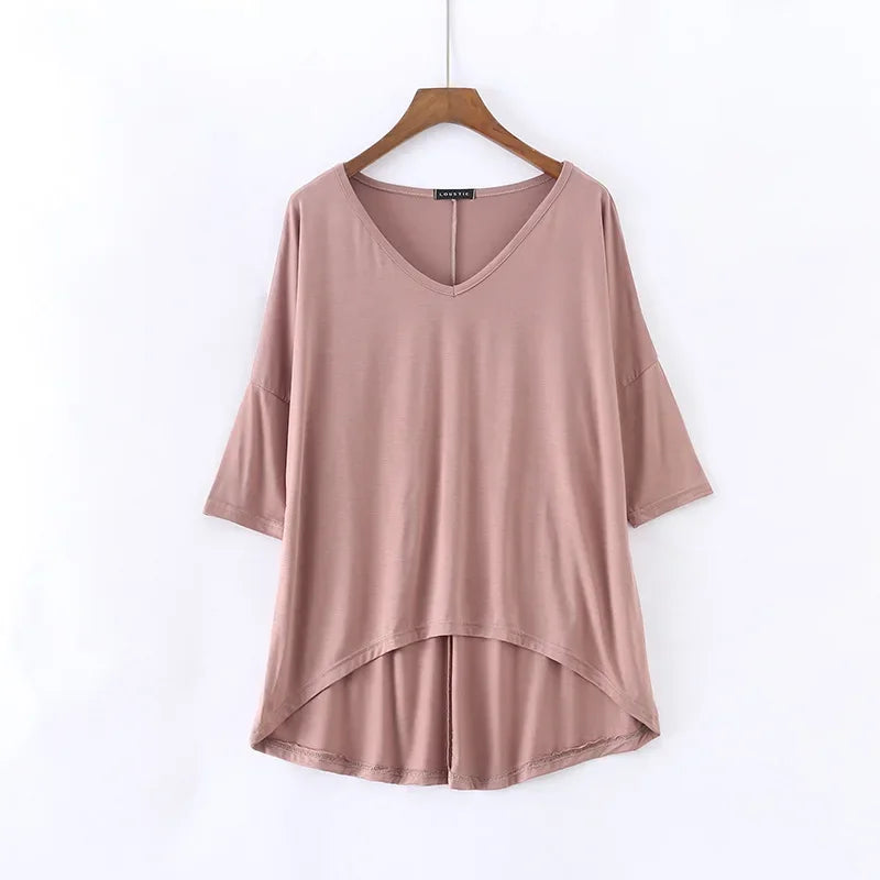 Fashion Tops Tees 2024 Summer T-shirt Women Half-Sleeve Solid Loose Shirt V-neck Oversize Basic Top Shirts for Women Casual