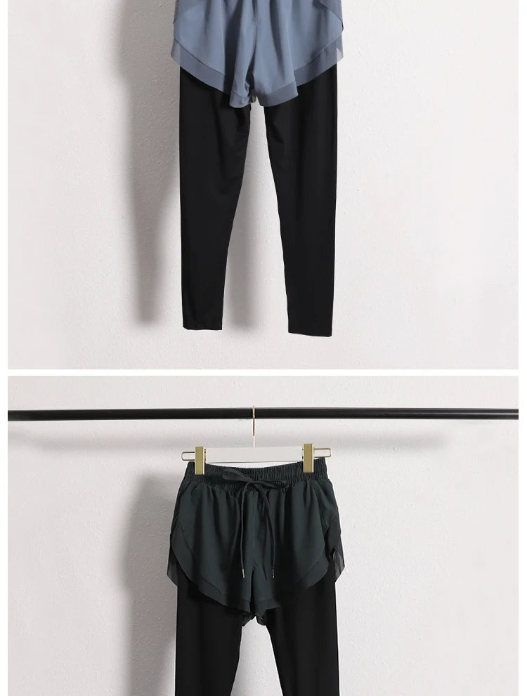 Stretch Autumn Sports Pants Women Two Pieces Fitness Yoga Pants and Shorts With Inner Phone Pocket 2 in 1 Yoga Pants