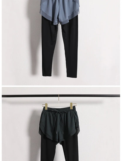 Stretch Autumn Sports Pants Women Two Pieces Fitness Yoga Pants and Shorts With Inner Phone Pocket 2 in 1 Yoga Pants