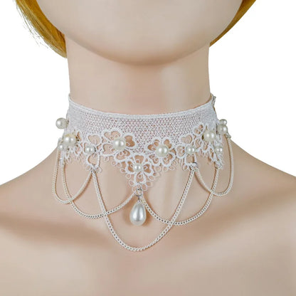 White Necklace Pearl Lace Women Fashion Necklace Earrings lolita Accessories