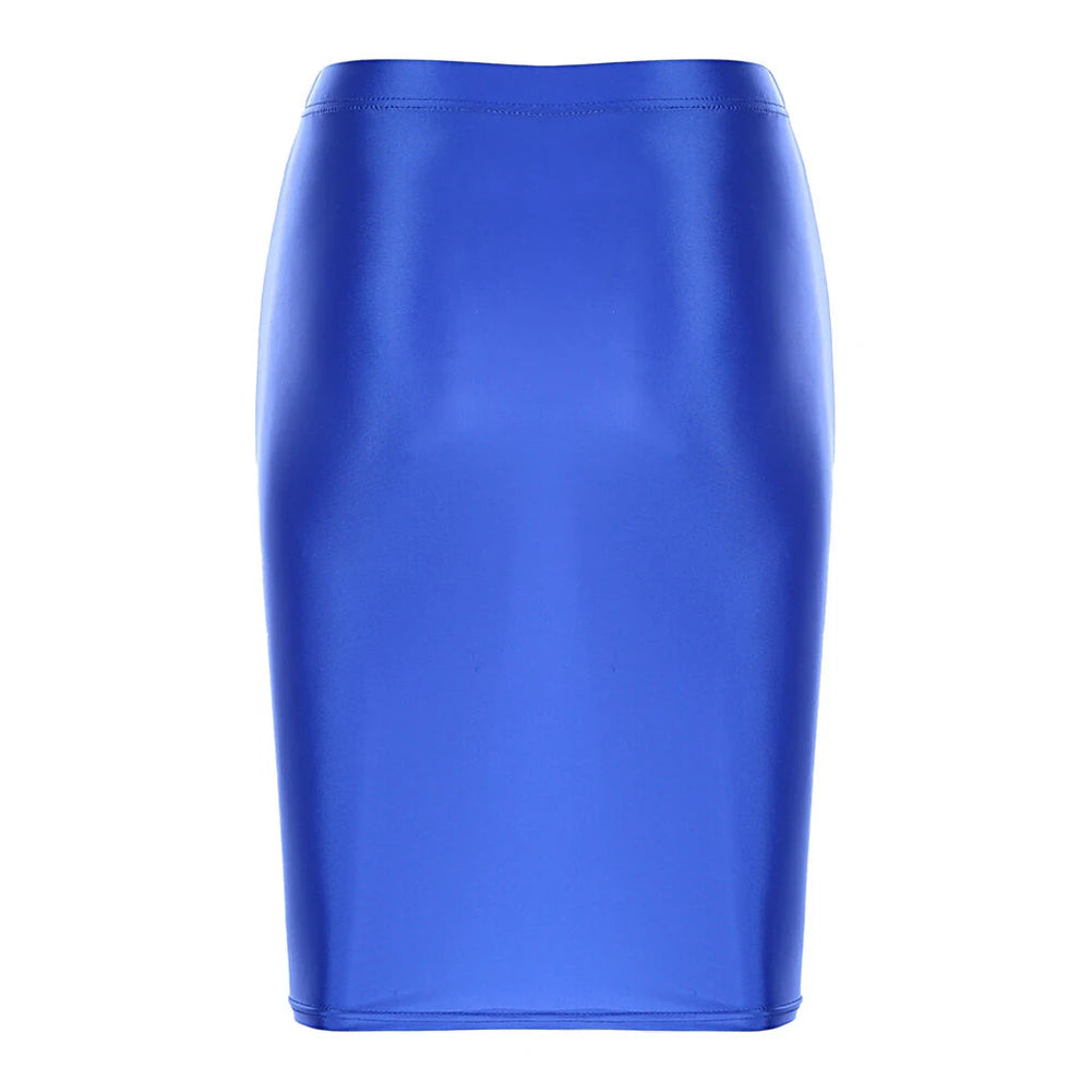 Mini Skirts Skirt For Women Autumn Bodycon Clubwear Glossy Shiny Stretchy Summer Tight Fitting High Waist Knee-length