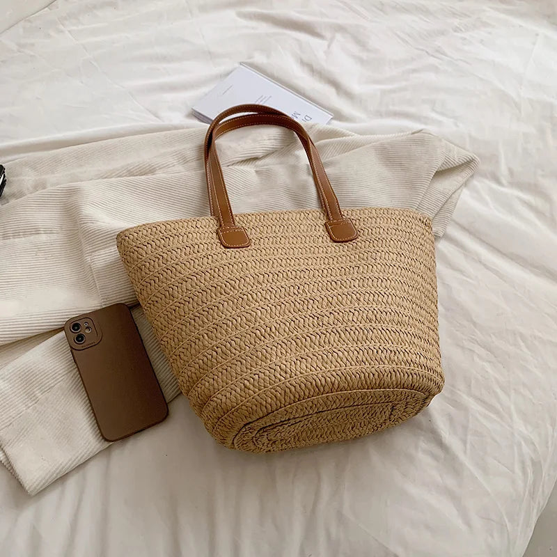 Women Braided Basket Clutches Top-handle Bag Large Straw Portable Shoulder Bag Summer Beach Party Purses Shopper Satchel Female