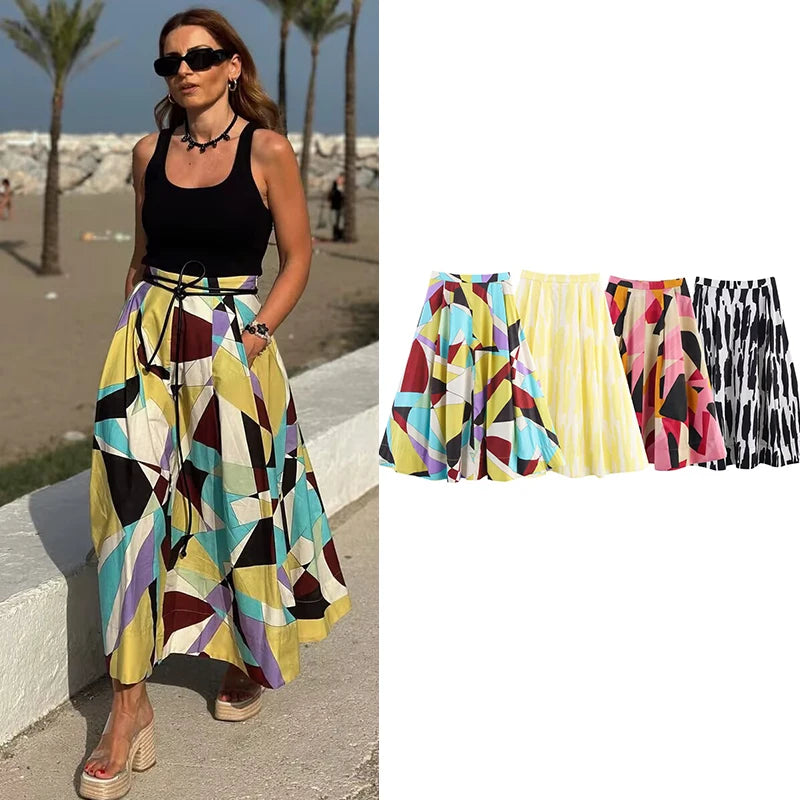Skirts Summer Women's 2025 New Chic Print High Waist Women's Skirts Fashion Joker Street Youth Holiday Travel Skirts