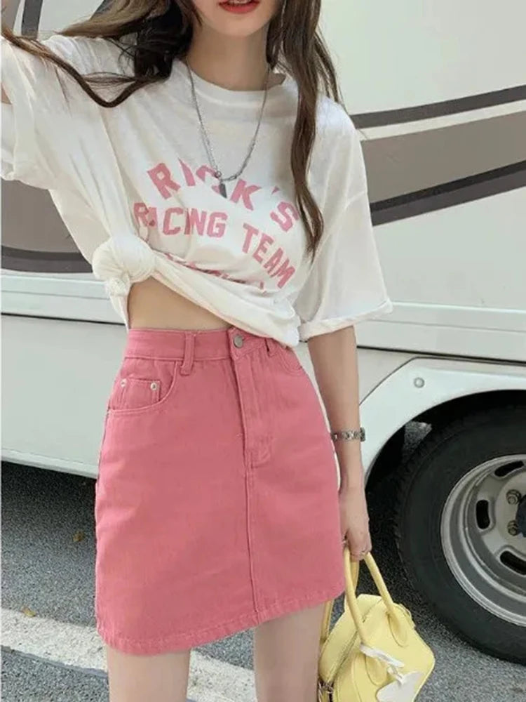 JMPRS Sweet Pink Women Denim Skirts High Waist Student A Line Korean Solid Mini Skirt Causal Summer Vintage Ladies Jeans Skirt