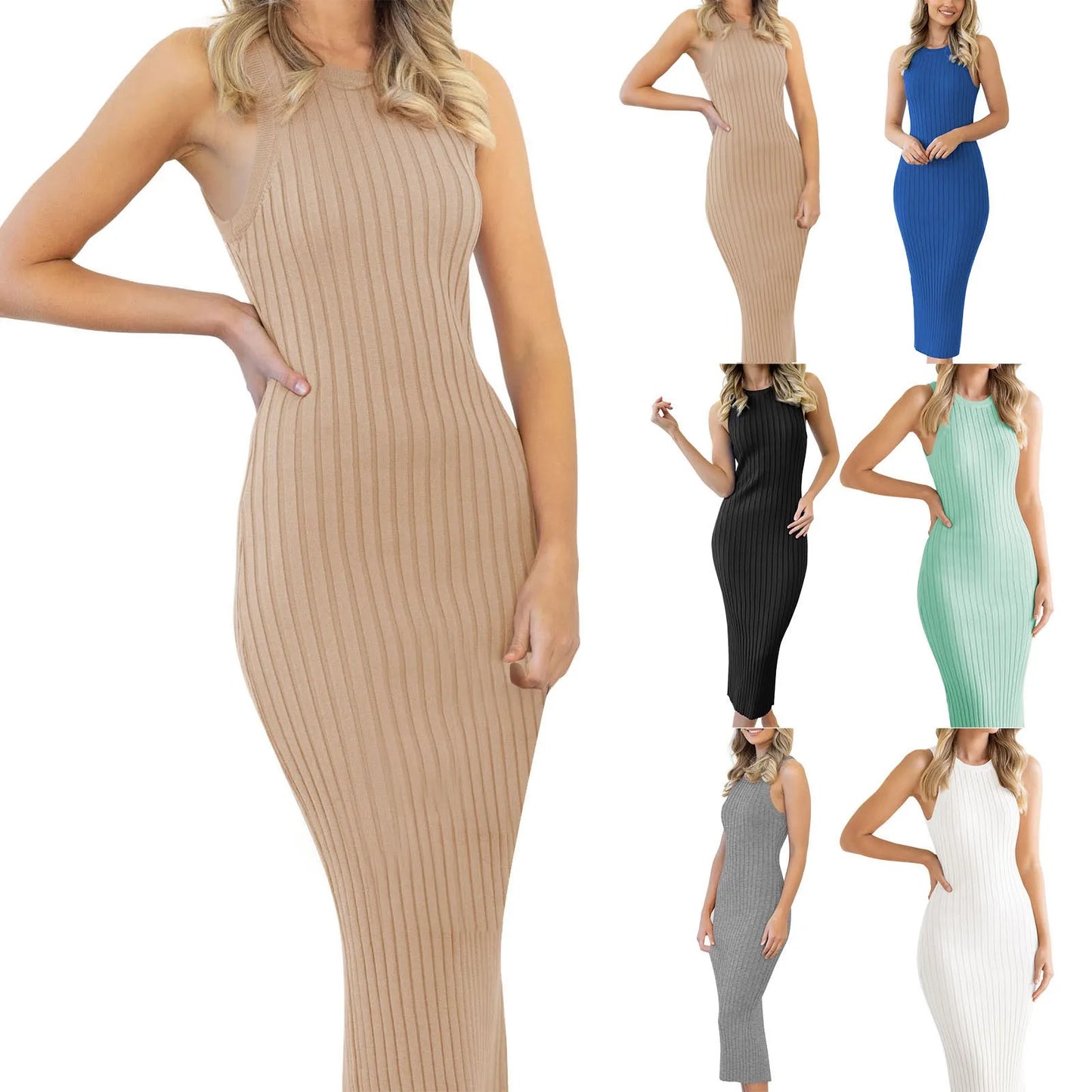 Dresses for Women 2025 Leisure Beach Fashion Sleeveless Round Neck Split Rib Tight Wrap Hip Dress Woman Clothing Vestidos