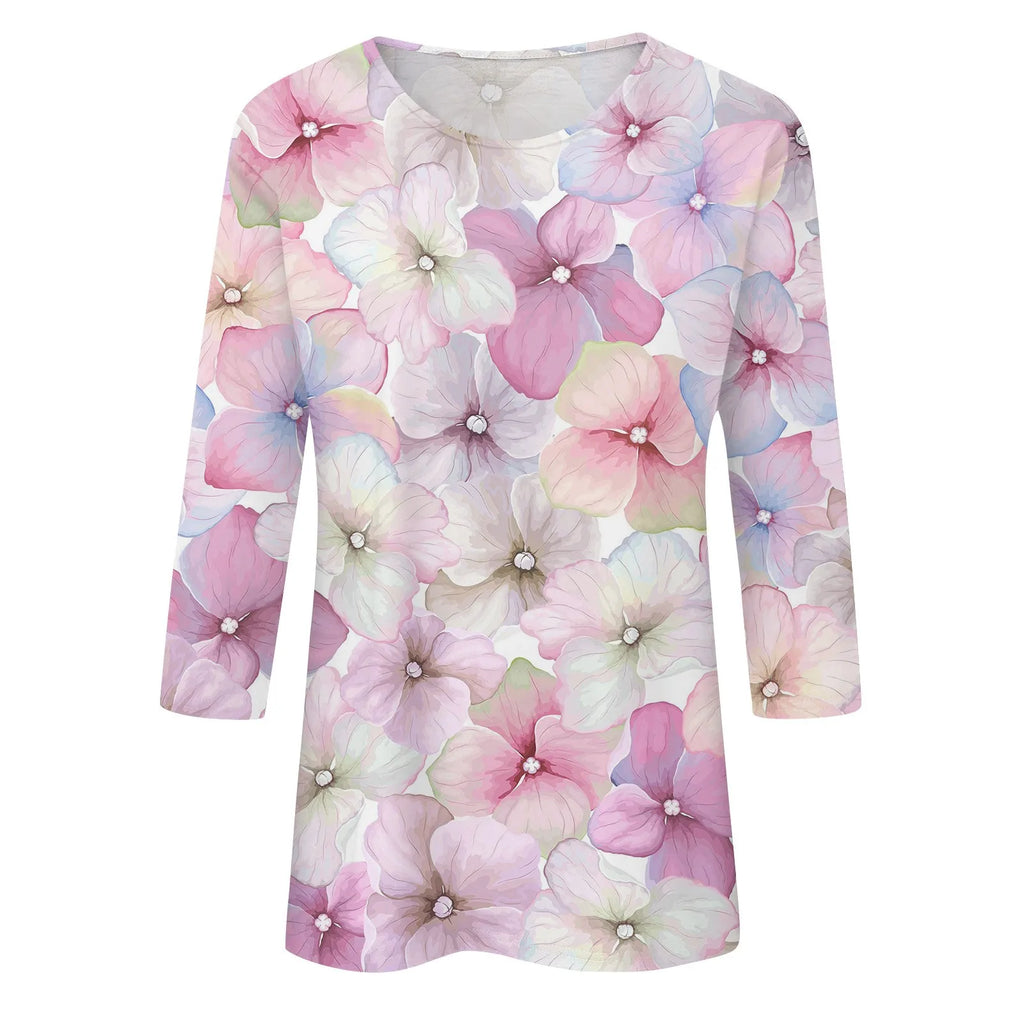 2024 Women Summer Tops Comfortable T Shirt Fashion Flower Print Round Neck 3/4 Sleeve Tops Soft Versatile Pullover Ropa De Mujer