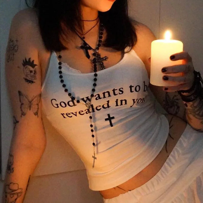 Women's Aesthetic Sexy Leeveless Tank Tops Vintage Letter Print Grunge Streetwear Crop Tops Y2k Clothes Gothic Girls Corset 2023