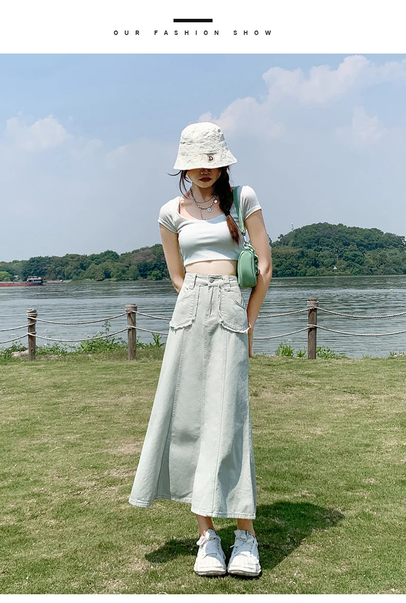 Apricot Denim Skirt Summer Women's 2024 New High Waist Slim Fashion Design Pocket Hip A-line Ankle-length Jean Skirt