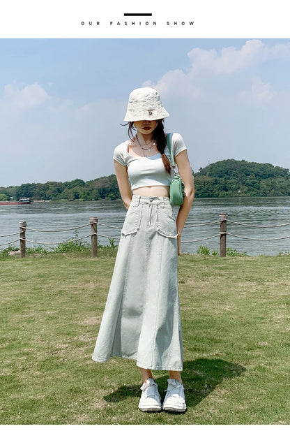 Apricot Denim Skirt Summer Women's 2024 New High Waist Slim Fashion Design Pocket Hip A-line Ankle-length Jean Skirt