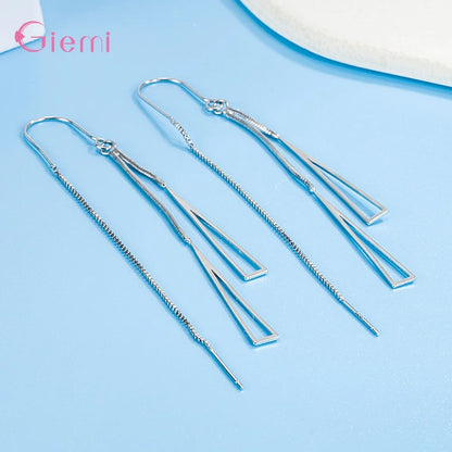 925 Sterling Silver Earrings Fashion Jewelry Simple Geometric Tassel Long Box Chain Thread Pendientes Ear Decoration Ornaments