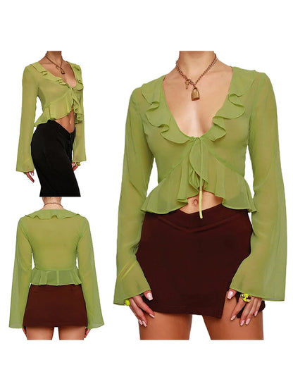 Women Sexy Sheer Crop Tops Pink Long Sleeve Flared Deep V Neck Pleated Hem Tops for Summer Clothing Fairycore Blouse Streetwear