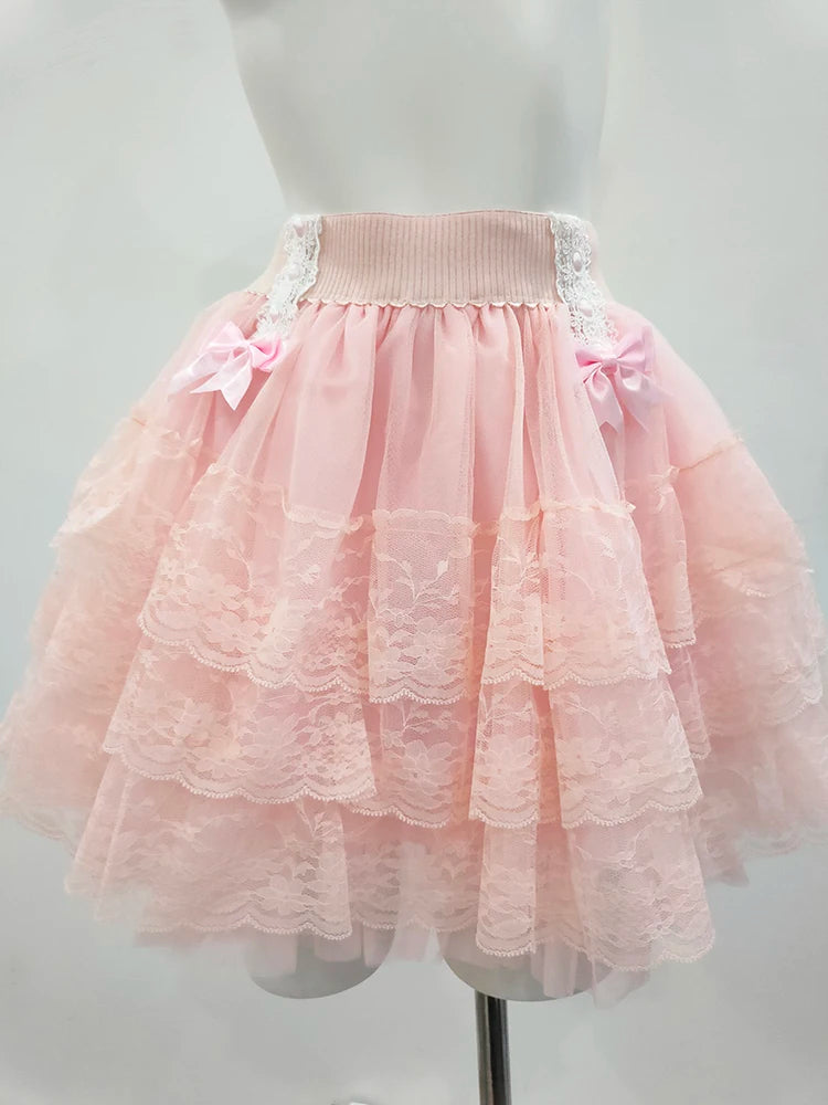 Pink Skirts for Sweet Girls Summer Bows Decoration Elastic Waist Lolita Style Multilayered Lace Skirt Kawaii Clothes