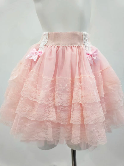 Pink Skirts for Sweet Girls Summer Bows Decoration Elastic Waist Lolita Style Multilayered Lace Skirt Kawaii Clothes