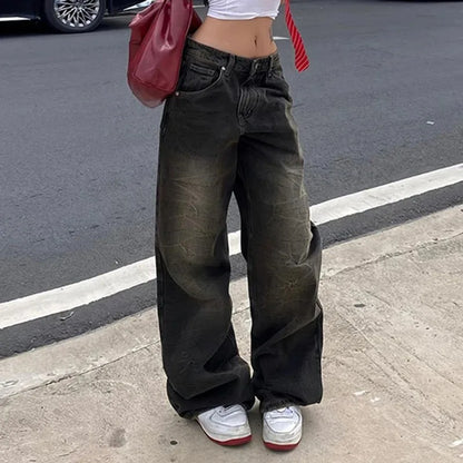 Low Waist Jeans for Women Goth Y2k Style Baggy Jeans Punk New Jeans Wide Leg Denim Pants Kpop Casual Loose Streetwear