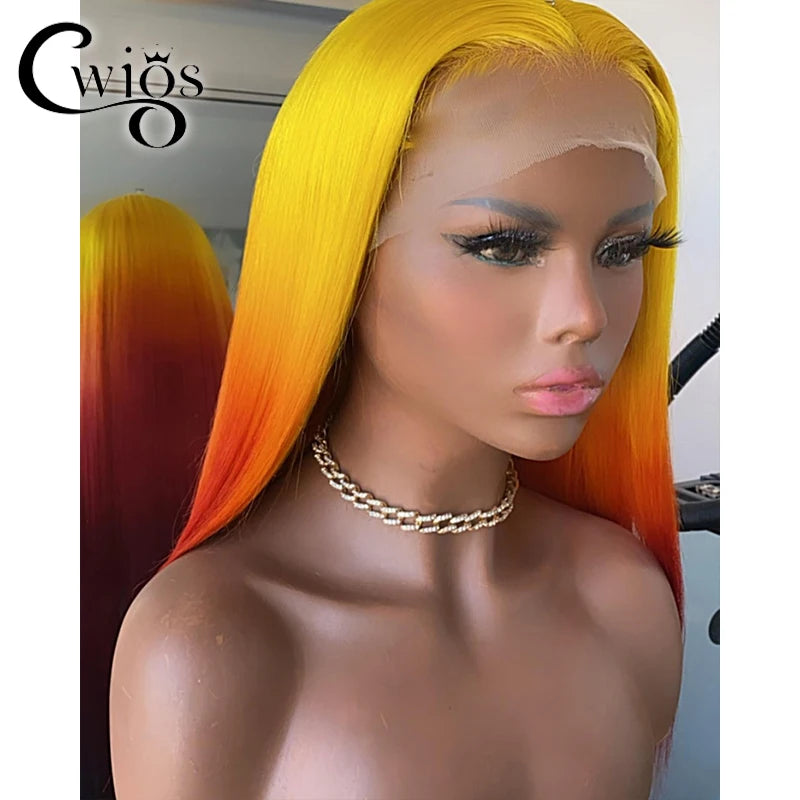 Body Wave Ombre Yellow Red Colored Glueless Transparent Synthetic 13X4 Lace Front Wigs For Women Preplucked Drag Queen Cosplay