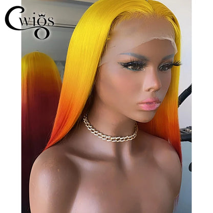 Body Wave Ombre Yellow Red Colored Glueless Transparent Synthetic 13X4 Lace Front Wigs For Women Preplucked Drag Queen Cosplay