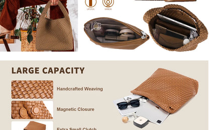 Woven Tote Bag for Women Large Woven Handbag Soft Leather Shoulder Bag Work Shopper Summer Beach Travel Tote Bag with Purse