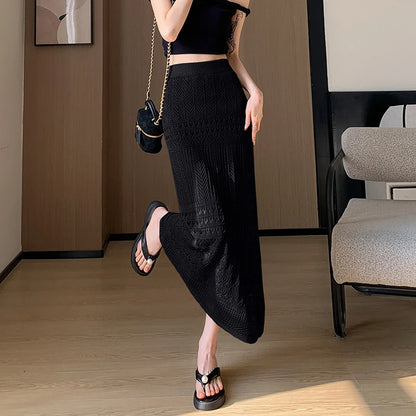Skirts Women Trumpet High Waist Long Skirt Female Summer Elegant Knitted Hollow Out Fahison Skirt Bottom