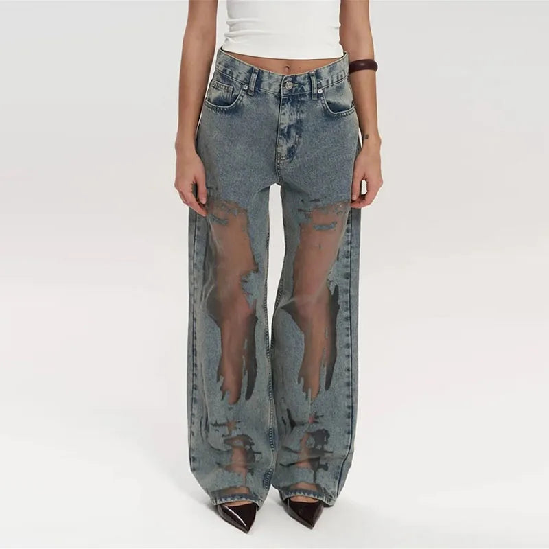 Women's Distressed Ripped Grunge Denim Jeans Gothic Dark High Waist Straight Leg Baggy Pants Trendy Hip Hop Streetwear Trousers