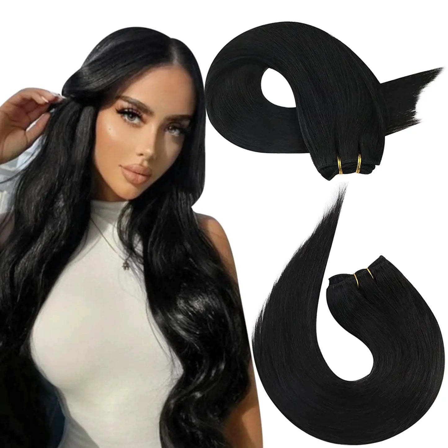 Moresoo Human Hair Bundles Weave in Double Wefted Machine Remy Hair Balayage Hair Pieces for Women Straight Weft Hair Extension