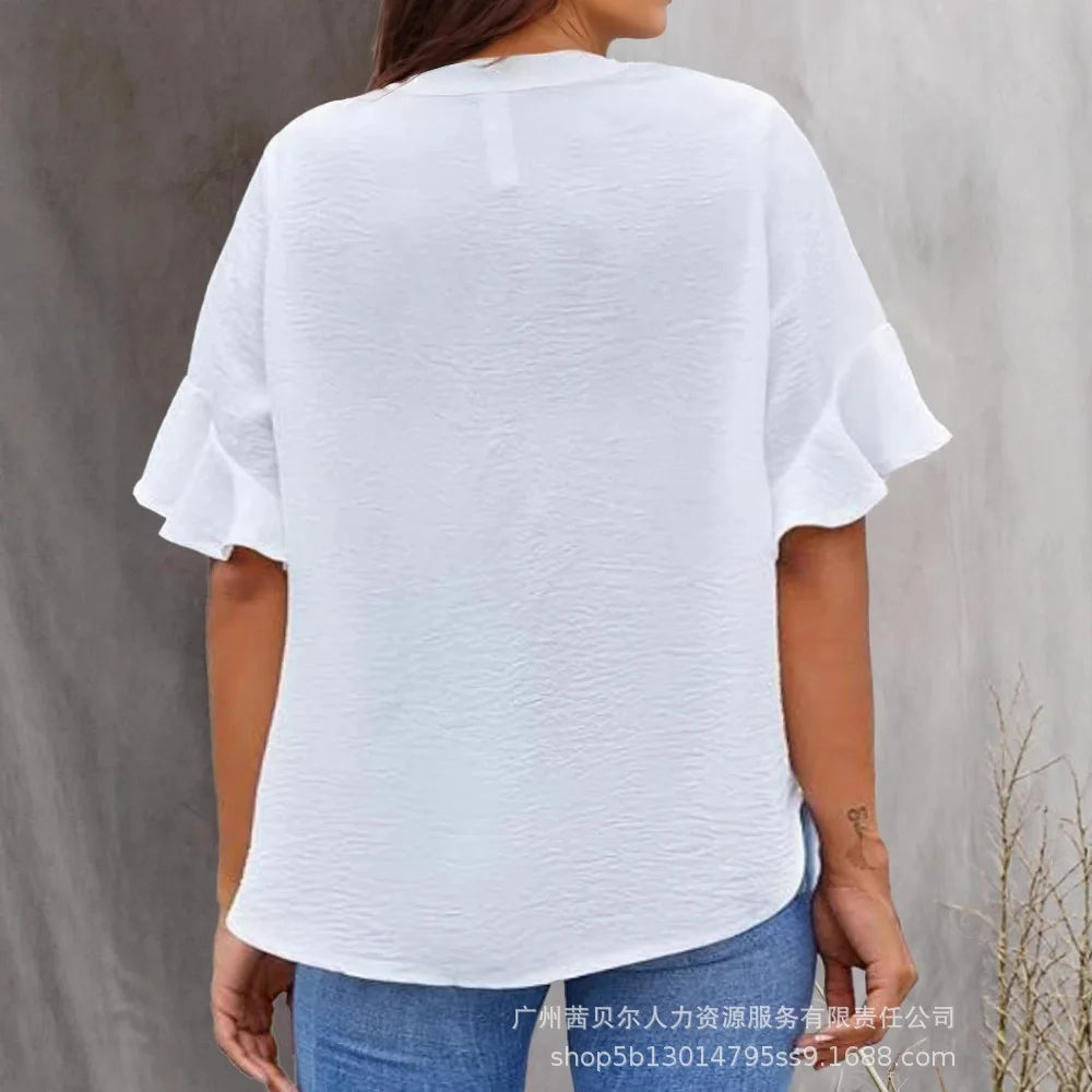 Tops Women Blouse Top Flare Sleeve V Neck Summer Casual Loose Bell Sleeve Work Simple Tees Y2k Streetwear Elegant Splice 2025