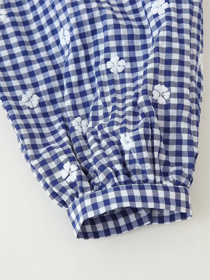 Women's Tops New Summer 2025 Small Check Tops Embroidered Trims Sexy Deep V-Neck Casual Fashion Versatile Personality