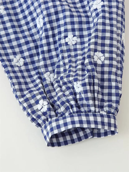 Women's Tops New Summer 2025 Small Check Tops Embroidered Trims Sexy Deep V-Neck Casual Fashion Versatile Personality