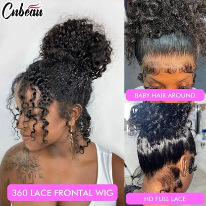 Invisi Strap Water Wave High 250 Density 360 Full Lace Front Kinky Curly Wig 30 inch Black Human Hair Drawstring Snug Preplucked