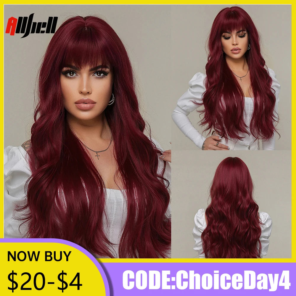 Long Wavy Wine Red Synthetic Wigs Natural Wave Afro Wigs With Bangs for Black Women Cosplay Costume Wig Heat Resistant Fiber