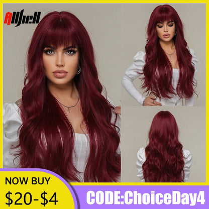 Long Wavy Wine Red Synthetic Wigs Natural Wave Afro Wigs With Bangs for Black Women Cosplay Costume Wig Heat Resistant Fiber
