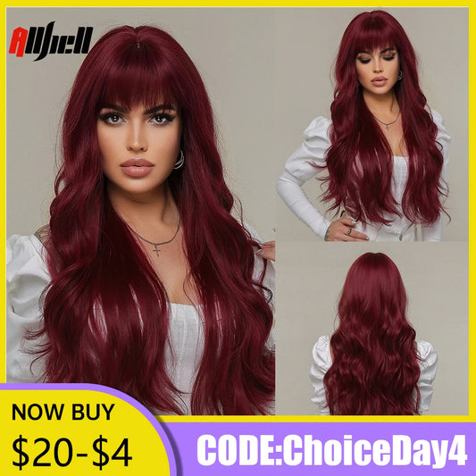 Long Wavy Wine Red Synthetic Wigs Natural Wave Afro Wigs With Bangs for Black Women Cosplay Costume Wig Heat Resistant Fiber