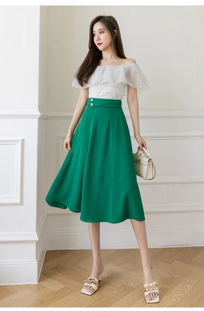 Women's Skirts High Waist Sweet Girl's Mid-calf Skirt Solid Skirts for Women Vintage Long Fashion 2023 Kawaii Summer Women Skirt