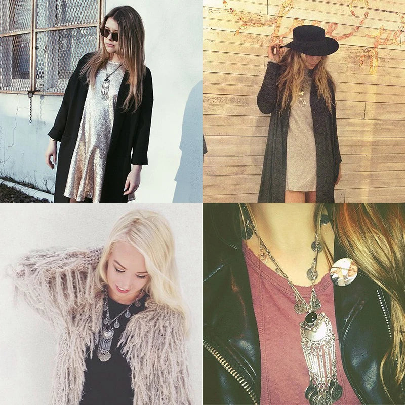 Trendy Bohemian Long Necklace For Women Vintage Ethnic Gypsy Boho Beach Antique Silver Color Necklace Coin Tassel Turkey Jewelry