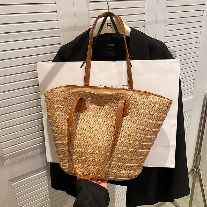 Women Braided Basket Clutches Top-handle Bag Large Straw Portable Shoulder Bag Summer Beach Party Purses Shopper Satchel Female