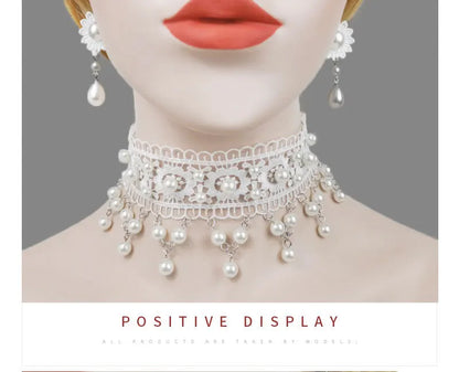 White Necklace Pearl Lace Women Fashion Necklace Earrings lolita Accessories