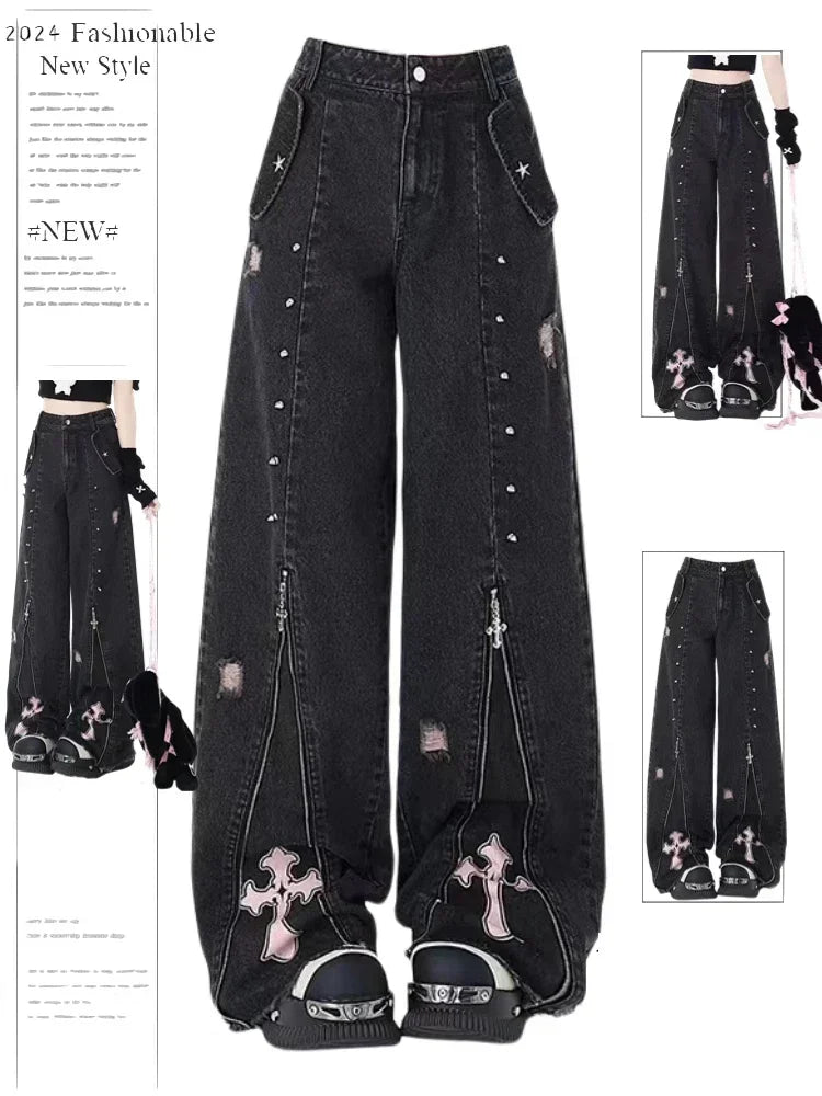 Women Clothing Black Gothic Jeans Pink Cross Y2k Oversize Loose Aesthetic Denim Trousers Harajuku Korean 2000s Jean Trashy Pants