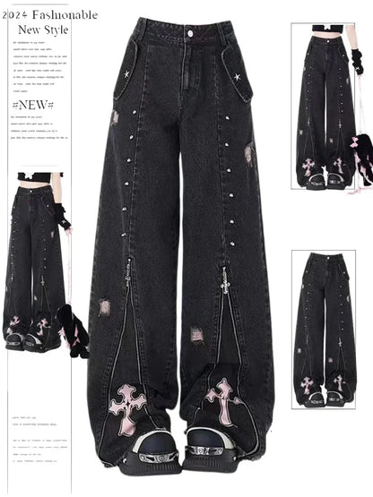 Women Clothing Black Gothic Jeans Pink Cross Y2k Oversize Loose Aesthetic Denim Trousers Harajuku Korean 2000s Jean Trashy Pants