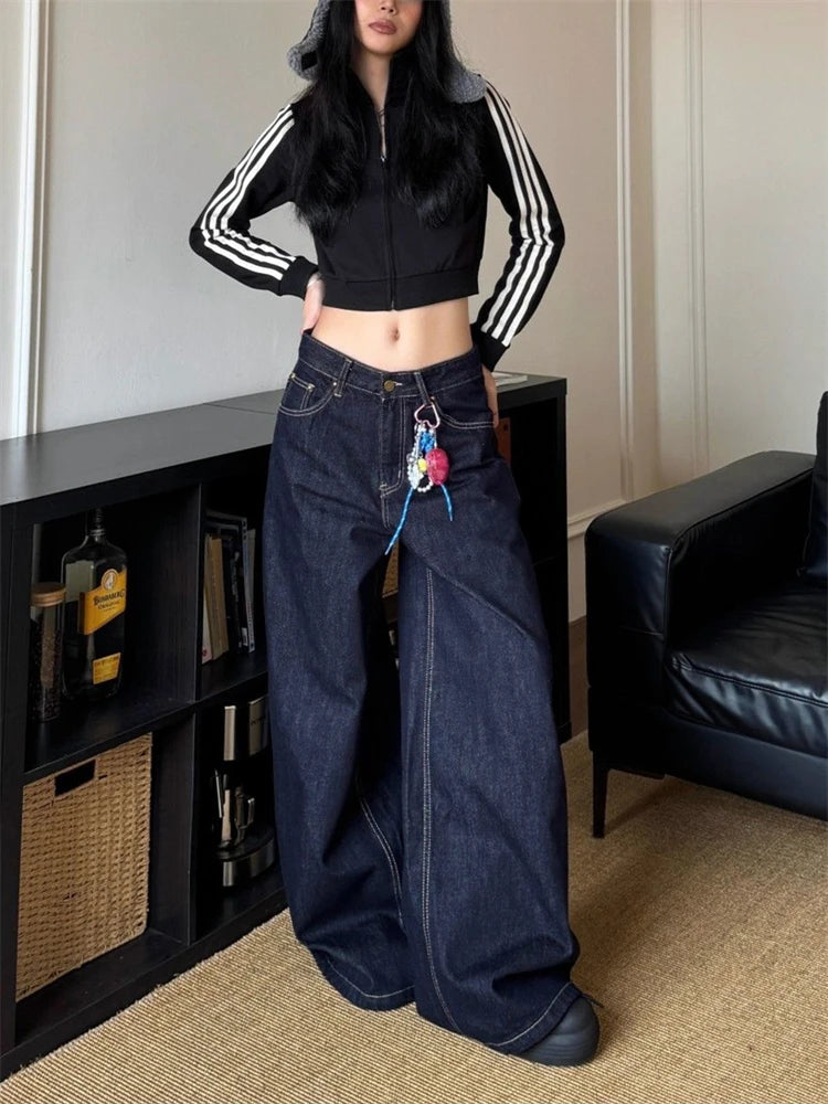 Women's Vintage Deep Blue Loose Wide Leg Jeans Street Cool Girl High Waist Baggy Pants Female Casual Straight Denim Trousers