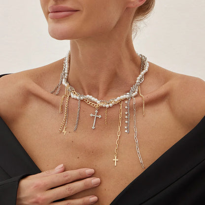 Necklaces for Women Heart-shaped Cross Imitation Pearl Tassel Long Necklace Colliers Femmes Girl Stuff