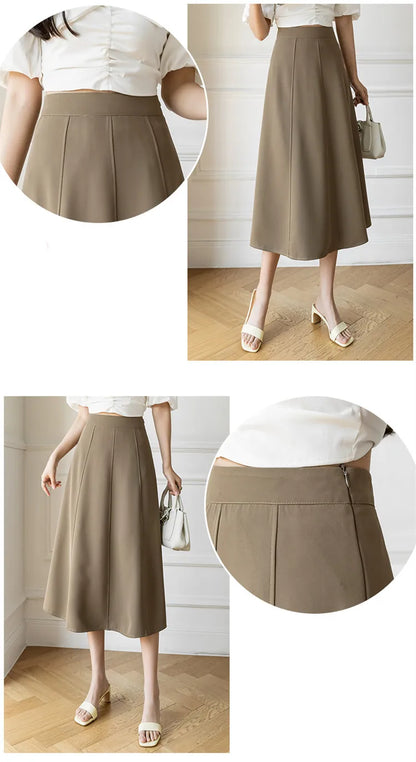 Women's Skirt 2025 Spring Women High Waist Solid Vintage Girl's Waist Down Skirt Knee-length A-line Fashion Thin Skirt for Women