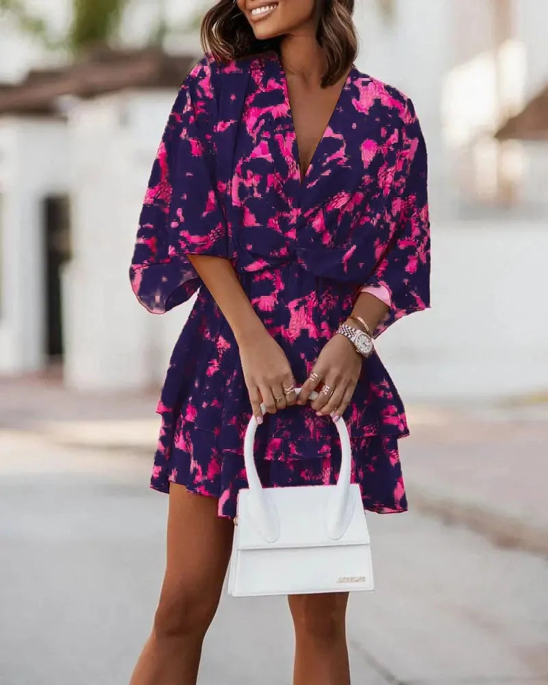 Women Dresses Fashion Vacation Sundress Women's Bat Sleeve Ruffles Dresses Summer Irregular Mini Dress